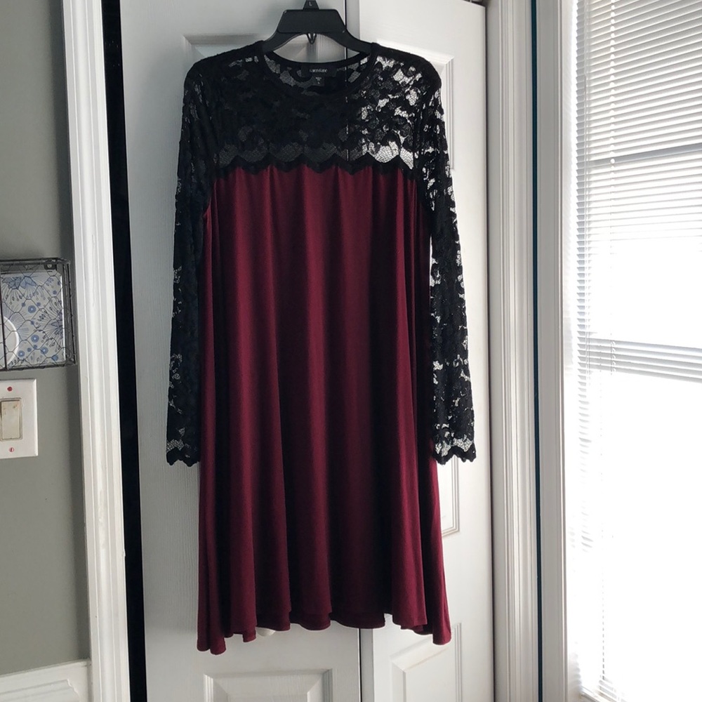 Burgundy dress with black lace neckline/sleeves